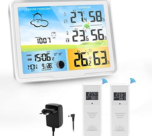 Comistack Station Météo Sans fil avec 2 Capteurs Extérieurs, Horloge Radio DCF Réveil Intérieur et Extérieur Température et Humidité de l'air Station Météo Sans fil avec écran Couleur pour Salon