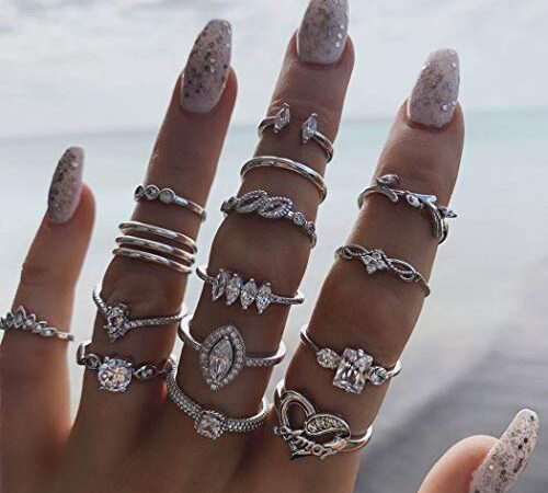 Edary Vintage Knuckle Anneaux superposable en argent Joint clou bague en cristal Knuckle anneaux Set entures Anneau pour les femmes et les filles (15 PCS)