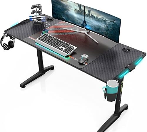 EUREKA ERGONOMIC Bureau Gaming P55 Bureau Gamer pour Gaming PC Informatique Table avec LED Avec gratuit Tapis Souris Porte Gobelet Support Casque 148*60 cm Gaming Bureau NOIR