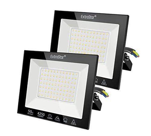 EXTRASTAR Projecteurs LED Extérieur 50W, IP65 Etanche, 4250LM, Spot LED Extérieur, 6500K Blanc Froid, Eclairage de Sécurité, pour Jardin Terrasse Garage Patio Grange Cour, Lot de 2