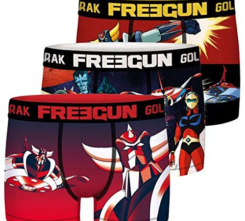 FREEGUN Calecon Boxer Homme Microfibre Goldorak (Lot de 3), Rouge, Gris, Bleu, Noir Taille M