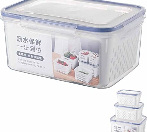 Fruit Vegetable Storage Containers for Fridge, 2022 Large Capacity Draining Fresh Containers, 3 in 1 Storage Bins with Removable Lids and Colander, Double Drain Basket BPA-Free (3300ml)