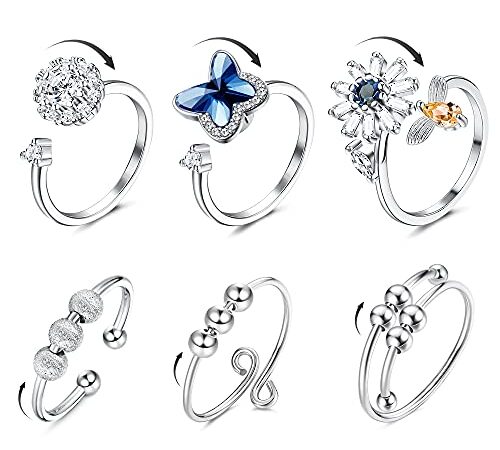 JeweBella 3/6 Pcs Fidget Bague pour Femmes Réglable Anneau Ouvert Ensemble Spinner Anneaux Zircon Cubique Bague Fleur Papillon Perle Soulagement du Stress Anneaux Empilables