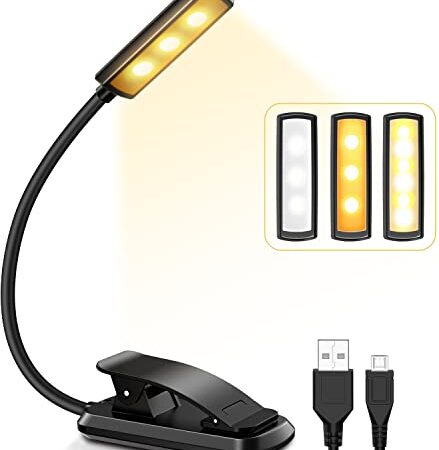 Lampe de Lecture, TEAMPD 6 LEDs Liseuse Lampe Clip USB Rechargeable, 360°Cou Flexible, 3 Température de Couleur(Blanc/Chaud/Blanc Chaud), Mini Veilleuse pour Lire au Lit,Enfant,Kindle,Voyage,Camping