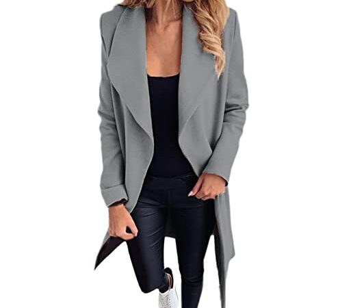 Manteau d'hiver chaud pour femme - Long manteau en laine - Revers - Avec ceinture - Élégant manteau d'hiver épais - Uni - Mode - Veste d'extérieur, gris, XXL