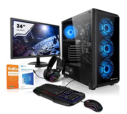 Megaport Super Méga Pack Cyberhawk - PC Gamer Complet AMD Ryzen 3 Pro 2100GE 4X 3.20GHz • Ecran LED 24" • Windows 10 • AMD Radeon Vega 3 • 8Go 3000MHz DDR4 • 240Go SSD • Claviers de Jeu et Souris