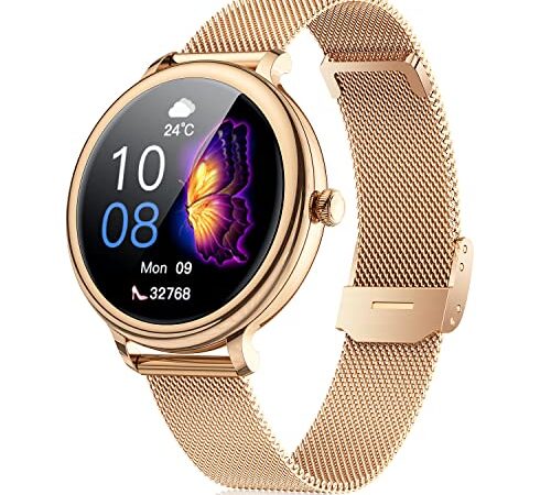 Montre Connectée Femme Smartwatch Sport - 1,09 Pouces Étanche IP68 Ronde Écran Tactile Bracelet Connectee avec Moniteur de Sommeil Cardiaque Fréquence Podomètre Fitness Tracker pour Android iOS (Or)