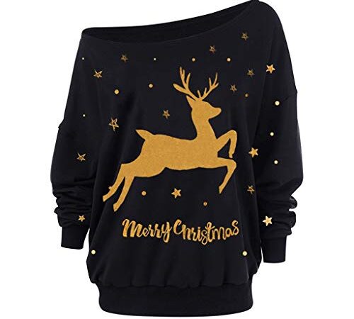 MORCHAN ❤ Cadeaux de noël Femmes de Noël à Manches Longues Bretelles Sweat imprimé Pull Tops Chemisier(Large,Marine)