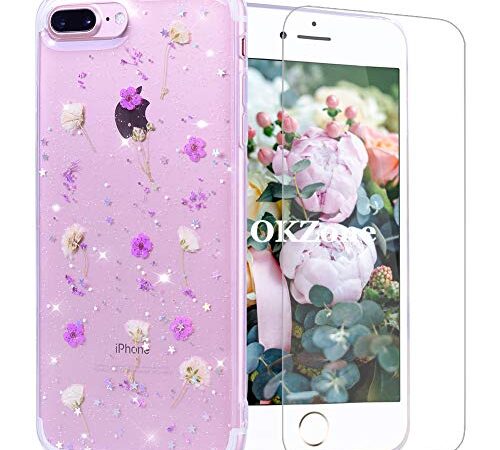 OKZone Coque iPhone 8/7 Plus (5,5 Pouces) [avec Film de Protection écran HD], [Réel Séchées Floral] Fait à la Main Réel Séchées Floral Clair Doux Caoutchouc Housse Etui de Protection pour (Violet)