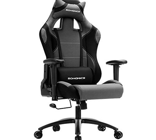 SONGMICS Fauteuil gamer, Chaise de bureau, Siège gaming, hauteur réglable, dossier inclinable, avec appui-tête amovible, accoudoirs et support lombaire réglables, charge 150 kg, Noir et Gris RCG02G.