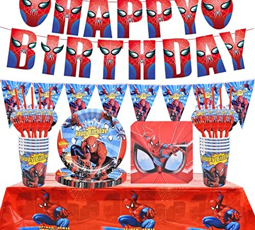 Spiderman Vaisselle-Tomicy 63 Pièces Spiderman Vaisselle de fêter Spiderman Décoration de Table Vaisselle Spiderman Anniversaire Assiette Gobelets Serviettes Nappe Pailles Bannière Fourchette