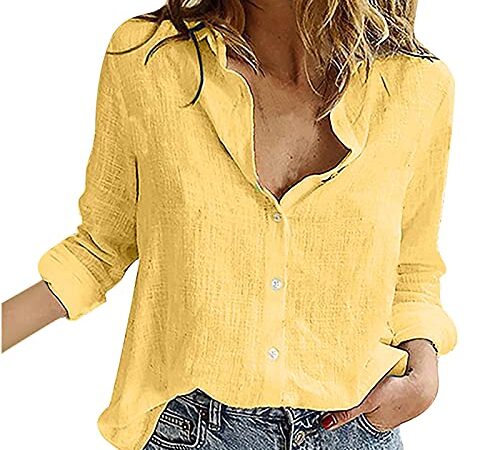 UEsent T-shirt en lin pour femme - Léger - En lin - Manches longues - Décontracté - Motif floral - Col en V, jaune, L