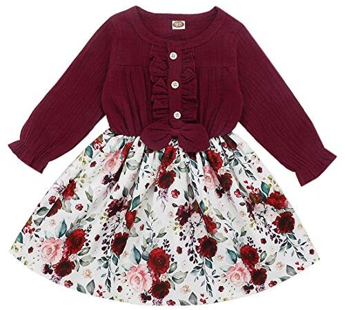 Verve Jelly Robe de Filles, Robes de Princesse Hauts à Manches Longues Jupes de Tutu Florales Tenues d'automne Rouge Vin,110,2-3 Ans