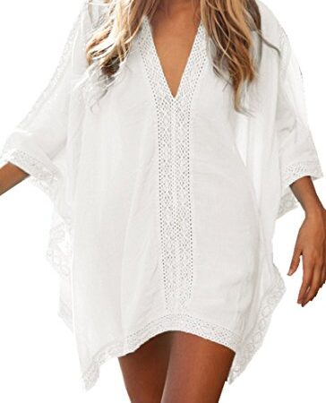 Walant Robe de Plage pour Femmes V-Cou Bikini Cache-Maillots Taille Unique Coton mélangé Dentelle Chemise Robe Couvrir Beach Maillots de Bain Cover Up, A-blanc, Taille unique