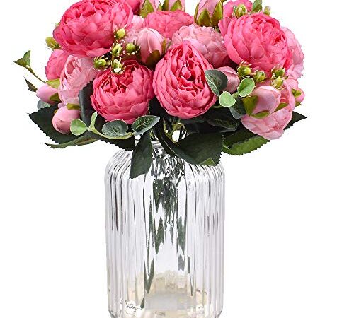 XONOR 4 Bouquets de Fleurs artificielles en Soie Pivoine Artificielle Fausse Fleur glorieuse pour la décoration de Maison Nuptiale de Noce, 5 fourchettes, 9 têtes