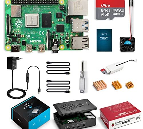 Xute Raspberry Pi 4 Modèle B 4 Go RAM Starter Kit avec 64 Go Carte MicroSD, Alimentation USB-C 5,0V 3A avec Interrupteur, Boîtier PC/ABS, 2 Câbles Micro HDMI, Ventilateur de Refroidissement