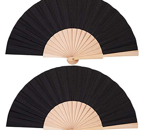 2 Pièces Éventail en Bois Éventails Pliables à Main en Tissu Ventilateurs de Poche Éventail d’Artisanat Cadeau d’Éventail avec Cordon de Serrage Sacs en Organza pour Hommes Femmes Filles (Noir)