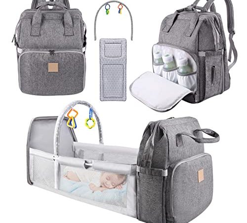 alobeby Sac à Dos à Langer avec Matelas à Langer, Sac de Voyage avec Lit de Bébé Portable, Sac à Couches Multifonction Imperméable, Sac de Maternité, 2 Sangles de Poussette, Grande Capacité