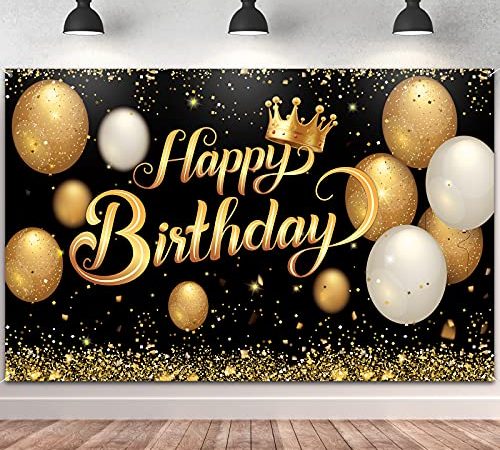 Banderole d'anniversaire avec inscription « Happy Birthday » - Grand poster noir et doré - Toile de fond pour cabine photo - Pour homme et femme - 180 x 115 cm