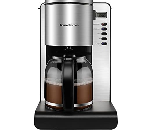 Bonsenkitchen Machine à Café Filtre, Machine à Café Acier Inoxydable 900W, 1,5 L Minuterie Numérique Programmable, Filtre Permanent, Verseuse en Verre 10 Tasses, Plaque Chauffante, Sélecteur d'arôme