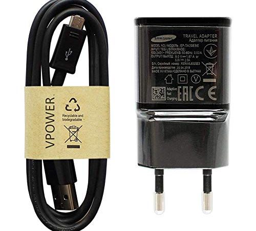 Chargeur Rapide Samsung EP-TA20EBE - Couleur : Noir - avec câble de Charge Micro USB - Câble de Charge Rapide pour Galaxy S5 Mini S6 S7 Edge A3 A5 A7 2015 2016