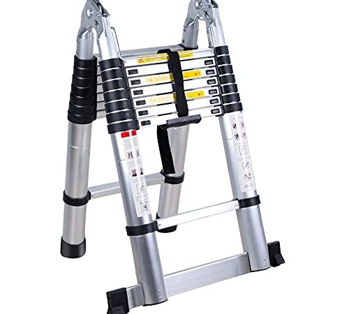 Échelle Télescopique en Aluminium, EXGOO Échelle Télescopique Pliante, Échelle télescopique Extensible, Escabeau Telescopique Échelle Pliable Loft Ladder, Certifié EN131, Résistance à 150kg (3,8M)