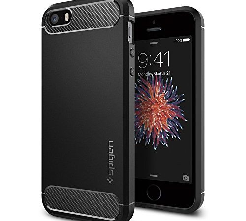 Coque iPhone 5S, Spigen Coque iPhone 5 / 5S / SE [Rugged Armor] Resilient [Noir] Housse Luxe Silicone Coque Ultra Fine en Gel Flex TPU Premium Flexible et Souple Etui Housse Pour Apple iPhone 5 / 5s / iPhone SE - (041CS20167)