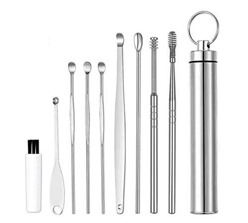 Cérumen Nettoyeur Curette d'Oreille - Nettoyant Oreille d‘Enlèvement De Cire d‘Oreille Acier Inoxydable Nettoyant Oreille Cire d'Oreille Curette Coton Tige Réutilisable-9pc