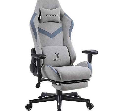 Dowinx Chaise Gaming Réglable Fauteuil de Bureau PC avec Repose Pieds, Chaise Gamer avec Support Lombaire de Massage, Tissu Respirant Siege Gamer avec Appui tête, Fauteuil de Style Course(Gris)