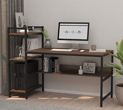 Dripex Bureau Informatique avec Etagères de Rangement, Table de Bureau d'Ordinateur pour Chambre Salon et Maison 136 x 60 x 111 cm - Bois Foncé