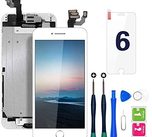 Ecran iPhone 6 Blanc 4,7" LCD Vitre Tactile Complet sur Châssis avec Outils de Réparation Bouton Home Caméra Frontale Capteur de Proximité Haut-Parleur et Ecran Protecteur Tout Assemblé