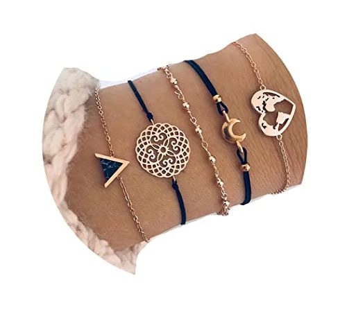 Edary Lot de 6 bracelets boho Étoiles et lune en perles et pierres précieuses bracelet fait à la main chaîne de main pour femmes et fille