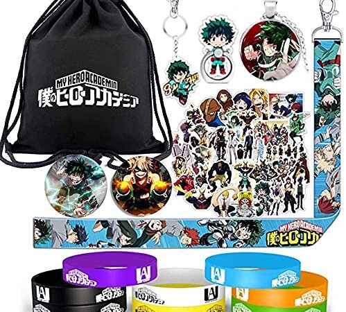 KKSJK Ensemble Cadeau My Hero Academia Bags, Sac à Dos à Cordon MHA /50 Autocollants/8 Bracelets en Silicone/2 Badges Anime/Collier/lanière/Porte-clés/Porte-Anneau de téléphone pour Les Fans de MHA