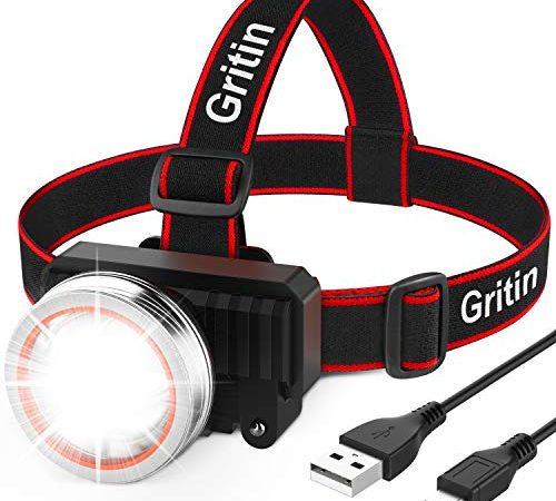 Lampe Frontale, Gritin Torche Frontale LED Rechargeable USB Puissante, Super Lumineux 2000 LM avec Détecteur de Mouvement, 4 Modes d'éclairage, 90° Réglable pour Course/Pêche/Camping/Randonnée