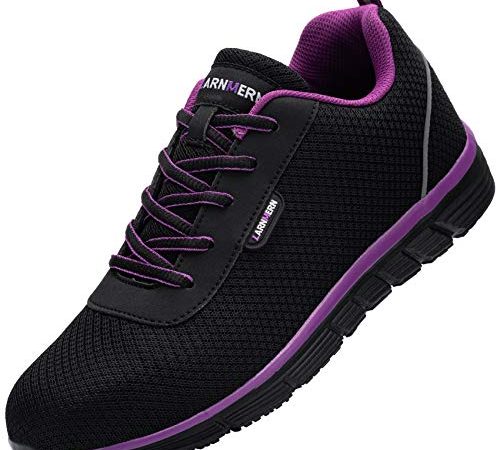 LARNMERN Chaussures de Securité Femme, L8038 S1 SRC Respirables Ultra Légères Chaussures de Travail Antidérapant 38 EU,Violet Noir