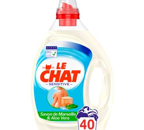 Le Chat Sensitive – Lessive Hypoallergénique – 40 Lavages (2L) – Lessive liquide Savon de Marseille & Aloé Vera – Lessive peaux sensibles