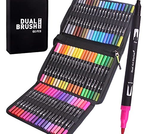 Lyuvie Feutre Coloriage,60 Stylo Feutre Aquarelle pour Enfant set Adultes,Feutre Pinceau Aquarelle Double Pointe 2mm et 0.4mm pour Dessin pour Artiste, Dessin, Croquis,Création Artistique