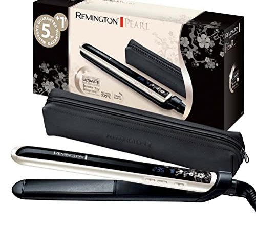 Remington Lisseur Cheveux, Fer à Lisser XL 110mm, Revêtement Advanced Ceramic avec Eclats de Perles (Distribution Uniforme de la Chaleur), Températures de 150 à 235°C, Ecran LCD - S9501 Pearl