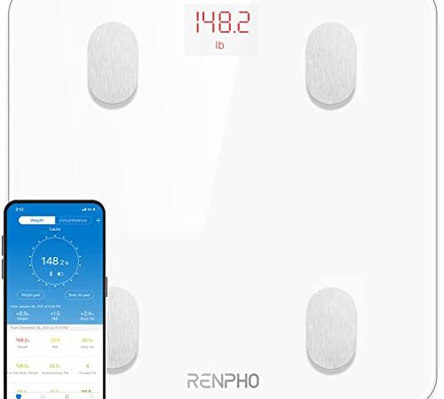 RENPHO Balance Connectée Balance Pèse Personne, Pèse Personne Impédancemètre, Bluetooth Balance Salle de Bains Impedancemetre avec 13 Données Corporelles (BMI/Muscle/Graisse Corporelle/Masse Osseuse)