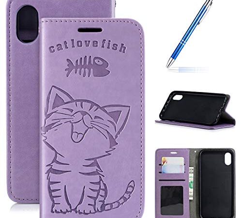 Robinsoni iPhone XS Max Coque en Cuir,Etui à Rabat 3D Motif Chat et Poisson Imprimé Housse Pochette Portefeuille Porte-Cartes Fonction Support Flip Case Wallet Coque pour iPhone XS Max,Violet