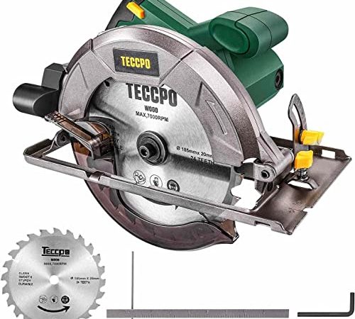 Scie Circulaire TECCPO 1200W, 5800 RPM, 24T Lame de Φ185mm, Profondeur de Coupe Max.:63mm(90°), 45mm(45°), Moteur en Cuivre Pur- TACS22P