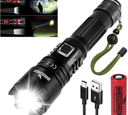 Shadowhawk Lampe Torche LED Ultra Puissante, 10000 Lumens Lampe de Poche Rechargeable, XHP70.2 Lampe Tactique, IP67 Étanche, 5 Modes USB Torche, pour Camping Randonnée Urgence (avec 5000mAh batterie)