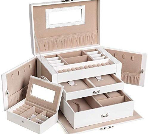 SONGMICS Boîte à bijoux, Organisateur à bijoux avec 2 tiroirs, Coffre à bijoux verrouillable avec miroir, Boîte de voyage portable, doublure en velours, idée cadeau, Blanc JBC121W