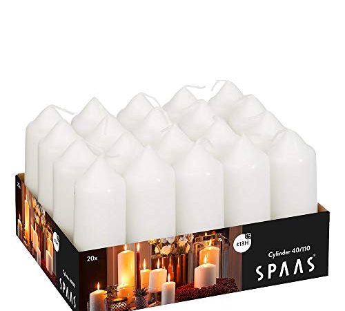 Spaas Paquet de 20 Bougies Piliers Cylindre 40/110 mm, ± 13 heures, non-parfumée - blanc