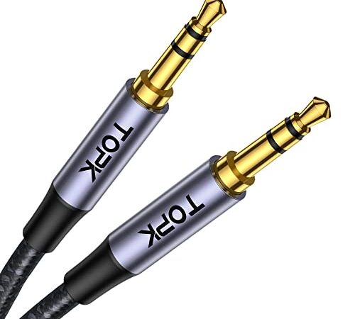 TOPK Câble Jack Audio Auxiliaire Stéréo AUX 3.5mm [Plaqué Or] Mâle vers Mâle en Nylon Câble pour Samsung, Voiture, Casque, Autoradio, Smartphones, MP3, Orateur etc 1M