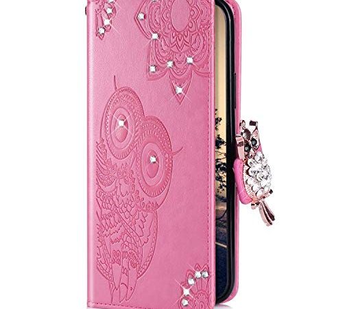 Uposao Compatible avec Coque iPhone XS Max Pochette Portefeuille en Cuir, Glitter Diamant Hibou Mandala Motif Coque à Rabat Magnetique PU Housse Etui de Protection Stand Flip Case,Rose