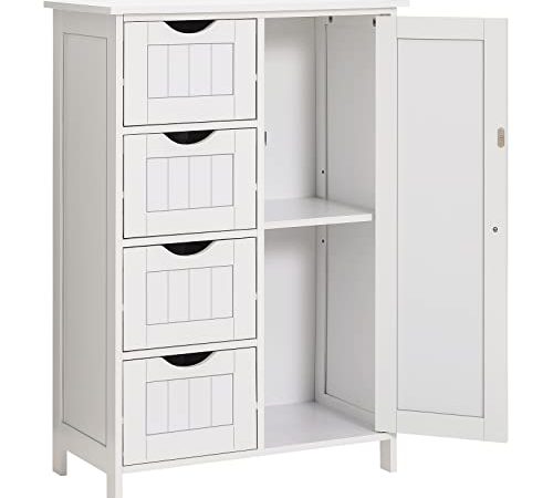 USIKEY Meuble de Salle de Bain, Meuble de Rangement de Salle de Bain avec 4 Tiroirs et 1 Porte, Planche réglable, Placard de Rangement pour Salle à Bain, Salon, Chambre à Coucher, Entrée, Blanc