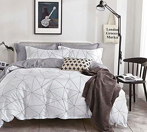 Housse de Couette Parure de Lit 220x240 Adult Coton Blanche Gris avec 2 Taie d'oreiller 65x65 cm La Combinaison Blanche et Grise est également livrée avec des Motifs géométriques