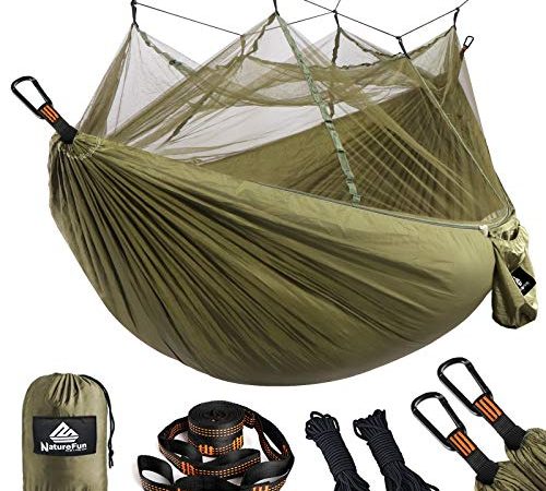 NatureFun Hamac Ultra-léger de Voyage Camping | 300 kg Capacité de Charge,(275 x 140 cm) Respirante, Nylon à Parachute à séchage Rapide | 2 x Mousquetons de qualités,4 x Sangles de Nylon Inclus