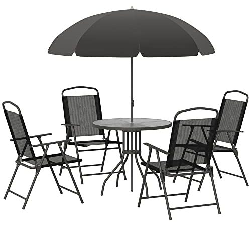 Outsunny Ensemble Salon de Jardin 6 pcs - Table Ronde + 4 chaises Pliables + Parasol - Acier époxy café textilène Polyester Noir